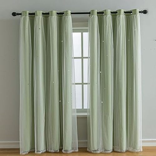 2 Panels Star Blackout Curtains for Kid Girls Bedroom Living Room Darking Stripe Double Layer Star Cut Out Wall Home Decor Gradient Grommet Window Curtains (Green 72L)