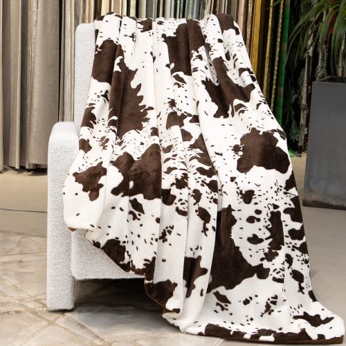 Cow Print Blanket Brown and White Soft Fuzzy Fleece Blanket Lightweight Cozy Throw Blanket Cowhide Gifts Decor Stuff for Girls Women Kids Boys