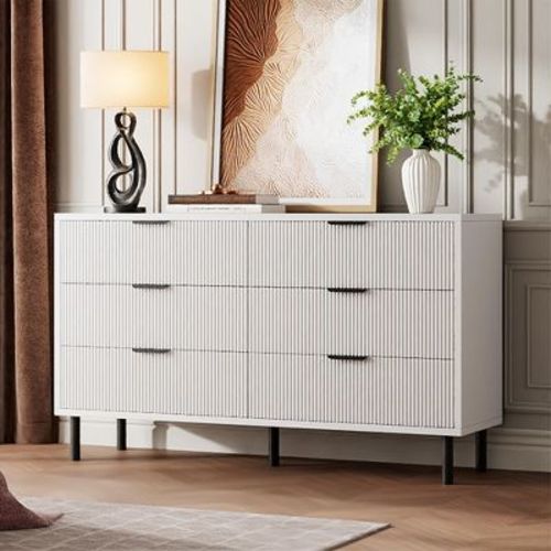 Fluted 6 Drawer Dresser, Wide Wood Double Dresser with Metal Legs and Handles