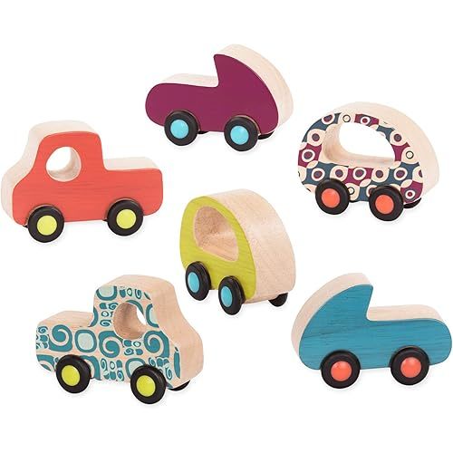 B. toys - Wooden Toy Cars Set with 6 Colorful Vehicles - Smooth-Rolling Mini Cars for Kids & Toddlers - Durable Baby Toys with Race Cars & Trucks - Easy-Grip Kids Toys for Ages 1+ with Safe Design