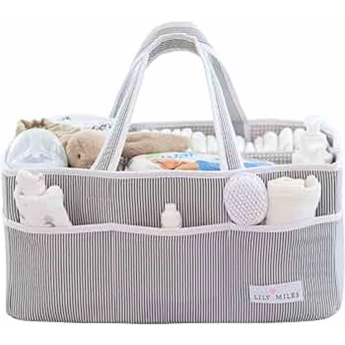 Lily Miles Baby Diaper Caddy Organizer - Baby Shower Basket for Newborn Boys or Girls - Nursery Must Haves for New Mom - Baby Registry Favorites - Large Storage Tote for Changing Table or Car, Gray