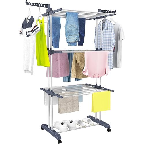 HOMIDEC Clothes Drying Rack, Oversized 4-Tier(67.7" High) Foldable Stainless Steel Drying Rack Clothing, Movable Drying Rack with 4 castors, 24 Drying Poles and 14 Hooks for Bed Linen, Clothing, Grey