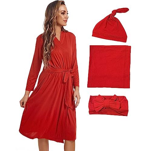 QTECLOR Maternity Robe with Matching Swaddle Blanket Set,Maternity Barhrobe Delivery Labor Robe for Hospital Women Dress