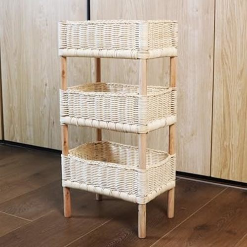 3-Tier Rattan Storage Rack, Hand-Woven Storage Rack, Vertical Tiered Basket for Counter, Home Use, Toy Storage,Living Room, Bedroom, Kitchen, Bathroom