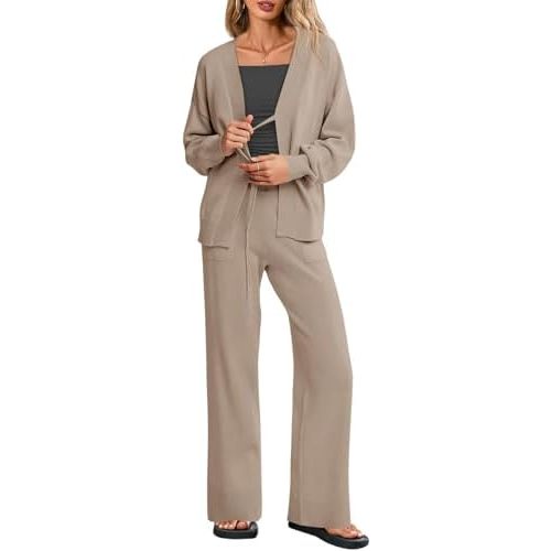 Tankaneo Womens 2 Piece Sweater Set Oversized Tie Front Cardigan Elastic Waist Pants 2025 Matching Loungewear