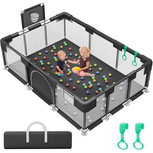 babyeap Baby Playpen,73 Inch Extra Large Baby Playard,Playpen for Babies and Toddlers With Basketball Hoop,Children Kids Play Fence for Indoors Outdoors,Black