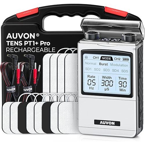 AUVON Rechargeable TENS Unit Muscle Stimulator, FSA HSA Eligible, Digital TENS Machine with 8 Customizable Modes, Electronic Massager for Sciatica, Shoulder & Back Pain Relief, 12 Pads, A Carry Case