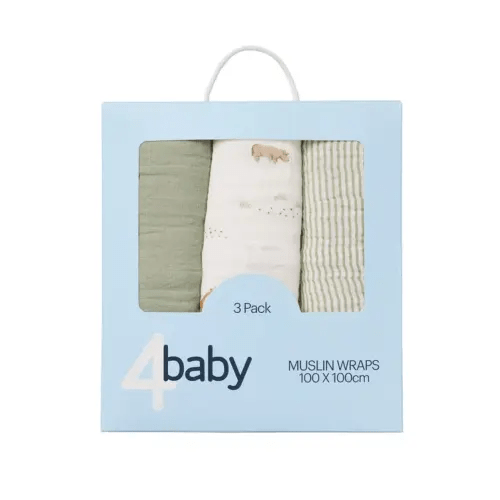 4Baby Muslin Wrap Safari 3Pk Sage | Baby Bunting AU