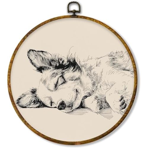 Hiuwevt Vintage Corgi Sleeping Round Wall Art Decor, Corgi Lovers Gifts Framed Canvas Prints, Neutral Sketch Dog Round Wall Hanging Decor for Home Bedroom Living Room Decorations, 10x10 Inches
