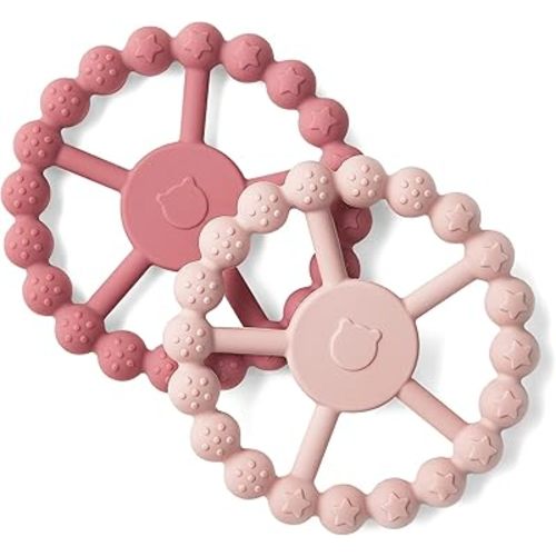SAMiGO Baby Teething Toys 0-6 3-6 6-12 Months, Silicone Teether Rings, Chew Toys for Teething Relief - Baby Girls - 2 Pack