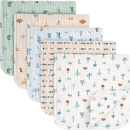 KeaBabies Organic Muslin Burp Cloths Baby Boy, Girl – 5-Pack 100% Cotton Muslin Burping Cloths for Babies, Newborn, 21x10 Large & Absorbent Spit Up Rags, Baby Washcloth, Infant Towels (Dino Park)
