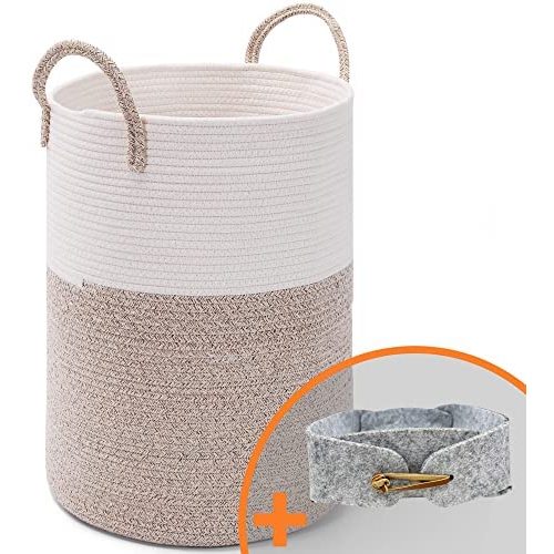 MAQIAO Woven Cotton Rope Laundry Hamper, 15" x 15" x 19.6" Woven Baby Laundry Basket for Blankets Toys Storage Basket Natural cotton thread clothing sorting basket