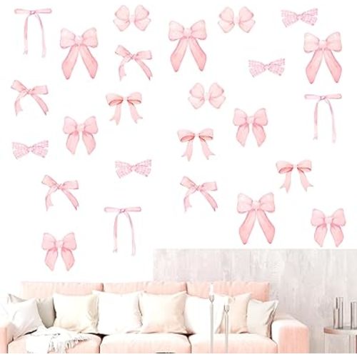 8Sheets 56Pcs Wall Decals for Girls Bedroom Bow Wallpaper Pink Bow Wall Stickers Light Pink Bow Knot Wall Decals Room Mural Stickers for Nursery Girls Party Home Bedroom TV Background Decor