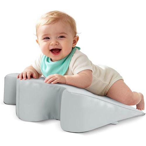 2026 Upgraded Nursing Reflux Prop with Leather Cover for Baby Gas, Colic Relief & Burp, Memory Foam Tummy Time Prop for Infant 0-12 Months Feeding, Neck, Shoulder and Body Support - Grey