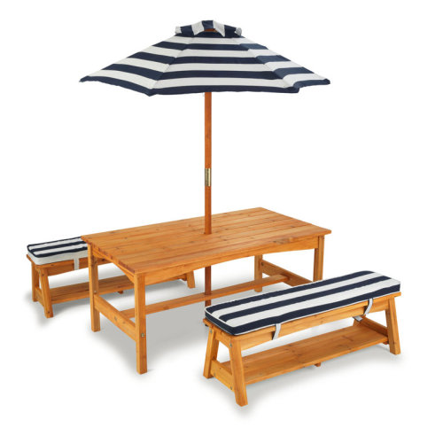 KidKraft Outdoor Wooden Table & Benches with Cushions & Umbrella, Navy & Reviews | Wayfair