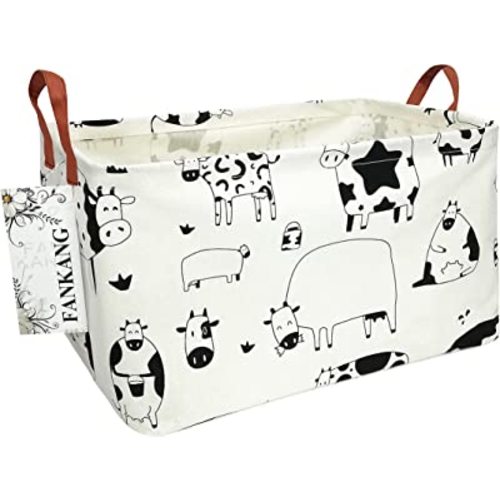FANKANG Storage Basket,Nursery Hamper Canvas Laundry Basket Foldable with Waterproof PE Coating Storage, Office, Bedroom, Clothes,Toys(L, Rec-cows)