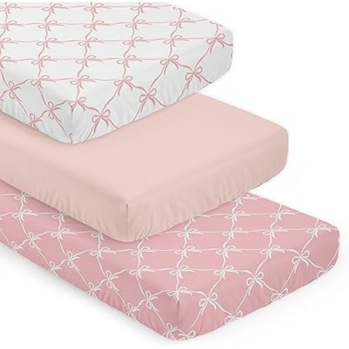 Sweet Jojo Designs 3-Piece Baby Crib Sheets Set (Pink Bows) for Girls, Infant Nursery, Toddler Room - Fitted, Standard Size (Solid Blush, Elegant Bow for Ballerina, Ballet, Dancer Princess Collection)