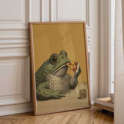 Frog Eating Pizza Poster: Whimsical Animal Print