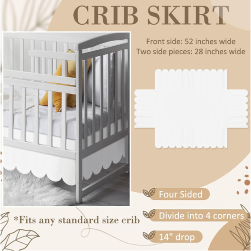White Scalloped Crib Skirt 28"x 52" with 14" Drop Pleated Dust Ruffle with Split Corners for Baby Boys Girls Soft 4-Sided Crib Bed Skirt Nursery Standard Toddler Bedding