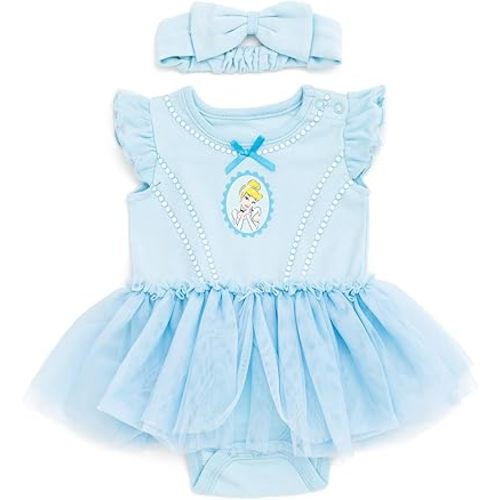 Disney Princess Baby Girls Cosplay Bodysuit With Skirt Overlay & Headband Outfit Set Newborn to Infant Sizes (0-24 Months)