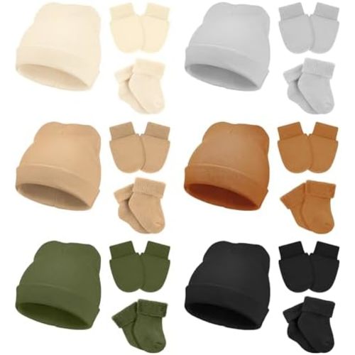 Toulite 6 Pack Preemie Hats Mittens and Socks Set Cotton Preemie Beanie Hat Socks and No Scratch Mittens