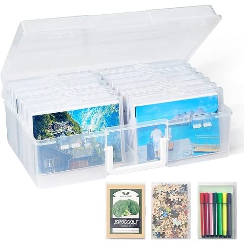 Lifewit Photo Storage Box 4x6 Photo Case, 14 Inner Photo Keeper, Clear Photo Boxes Storage with 1 Sheet Label Sticker, Plastic Craft Storage Box with lids for Cards Pictures Stamps Office Supplies