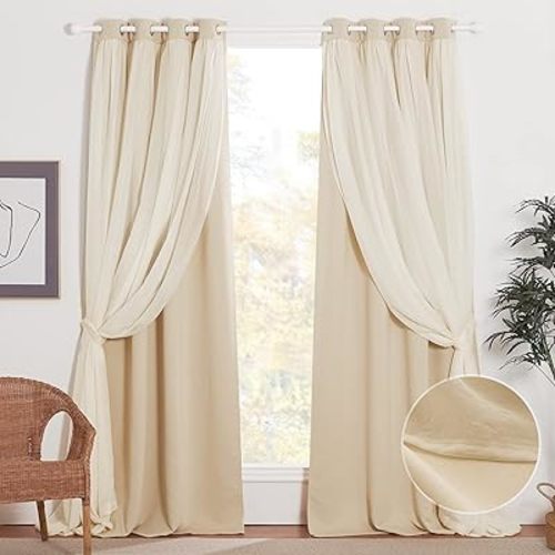 NICETOWN Nursery Blackout Curtains for Bedroom Living Room Crushed Sheer x Blackout Curtains 84 inches Long Farmhouse Curtains with Tie Backs for Kids (2 PCs, W52 x L84 inch, Biscotti Beige)