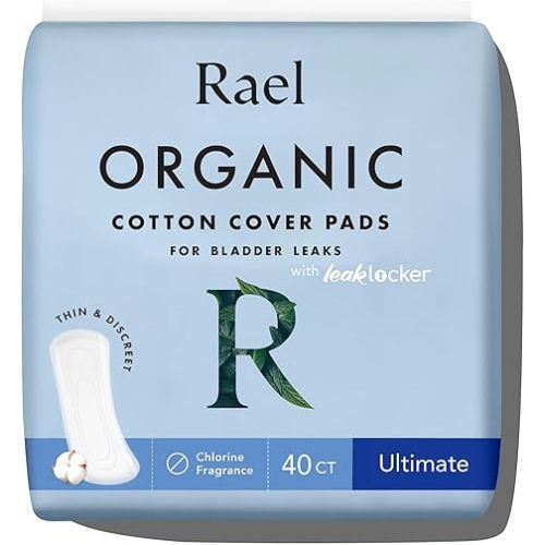 Rael Incontinence Pads for Women, Organic Cotton Cover, Postpartum Essential, Heavy Absorbency, Bladder Control, 4-Layer Core with Leak Guard Technology, Long Length (Moderate, 60 Count)