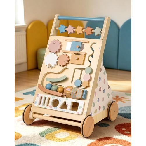 Montessori Safe Wooden Baby Walker, Adjustable Speed Baby Push Walker for Girls and Boys, Morandi Activity Center Toy for Kids' Development, Ideal Gift for Toddlers