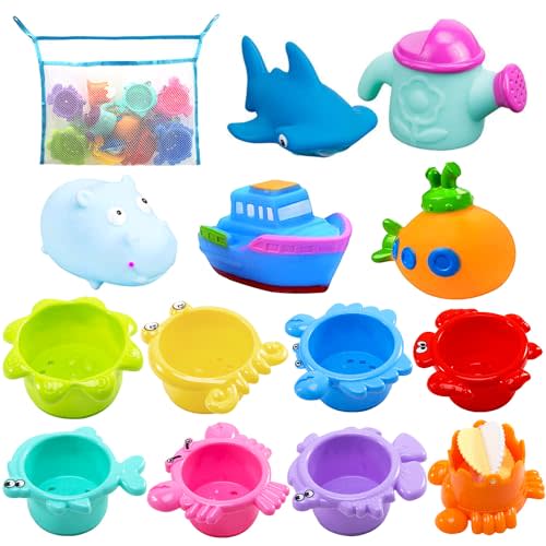 INNOCHEER Baby Bath Toys for Toddlers, Water Table Toys with Mold Free Stacking Cups, Quick Dry Organizer Net, 13 Pcs Bathtub Game, Beach and Pool Party