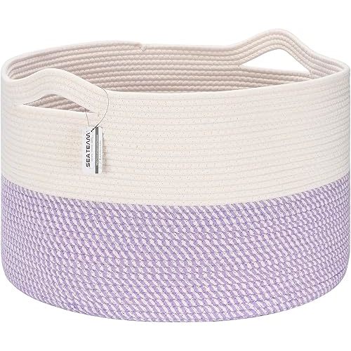 Sea Team XXXL Cotton Rope Basket, Large Woven Nursery Storage Bin, Laundry Hamper, Jumbo Blanket Basket for Rugs, Cushions, Pillows, Toys Organizer, 22 x 14 Inches, White & Mottled Lavender