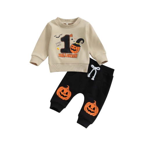 Baby Boys 1st Halloween Outfits Newborn Infant Pumpkin Bat Letter Print Long Sleeve Sweatshirts Pants 2Pcs Clothes for Fall