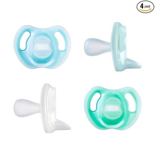 Tommee Tippee Ultra-Light Silicone Pacifier, 0-6 Months, Symmetrical One-Piece Design, BPA-Free Silicone Binkies, Blue/Green/Clear, Pack of 4