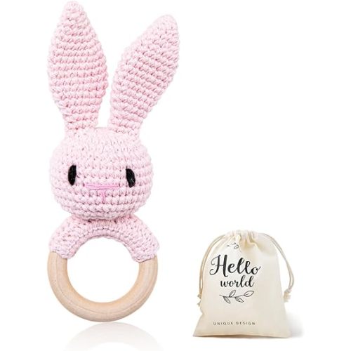 WOODEN TEETHER Crochet Baby Rattle, Crochet Baby Toys, Easter Bunny Rattle, Newborn Animal Rattle Toys,Knitted Stuffed Animals Gifts for Baby, Pink Bunny
