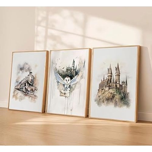 3pcs Magic Nursery Canvas Wall Art Express Train Owl Magic Castle Painting Picture Wall Decor Neutral Watercolor Poster Print Artwork For Kids' Baby Nursery Living Room Decoration Unframed