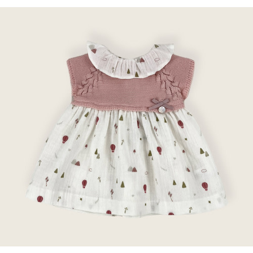 Dusty Pink Dress Combining Knitted Top and Skirt with Printed Balloons (3M--12M)