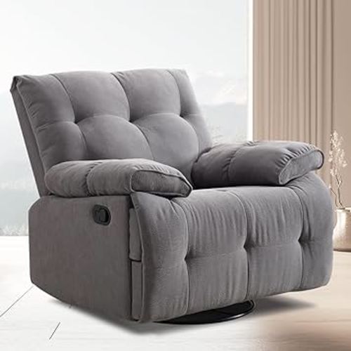 Glider 360 Degree Swivel Chair, Oversized Rocker Recliner Chair Manual Recliner Single Sofa Couch Upholstered Glider Chair with Footrest Tufted Sofa Chair for Bedroom, Living Room(Grey)