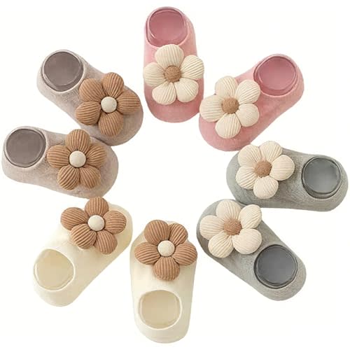 4 Pairs Baby Girl Ankle Socks, Non-Slip Low Cut Floral Socks for Infants, Toddlers & Newborn Girls