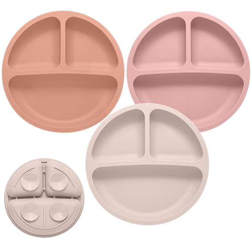 Eascrozn Toddler Plates, 3 Pack Divided Suction Plates for Baby, Food Grade Silicone Baby Plates, BPA Free, Non-slip, Baby Led Weaning Supplies, Microwave & Dishwasher Safe