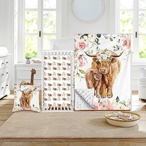 Baby Crib Bedding Set - Highland Cow Design Nursery Bed 3 Pcs Set - Chic Soft Blanket with Dotted Backing, Sheet, Pillowcase for Newborns Girls Boys Gifts Color01