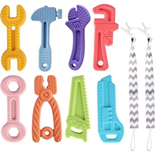 8 Pack Chew Baby Teething Toys for 0-12 Months, Freezable BPA Free Silicone Baby Molar Teether Chew Toys, Hammer Wrench Spanner Pliers Hand Saw Shape Baby Girl's Boy Car Seat Toy
