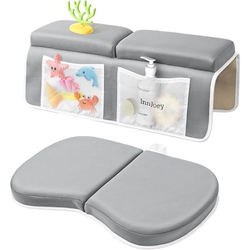 Bath Kneeler and Elbow Rest Pad Set, 1.6'' Extra Thick Bath Support for Knees and Elbows, Memory Foam Bath Mat with Toy Organizer Pockets, Quick-Dry Kneeling Pad for Bathing Baby Grey