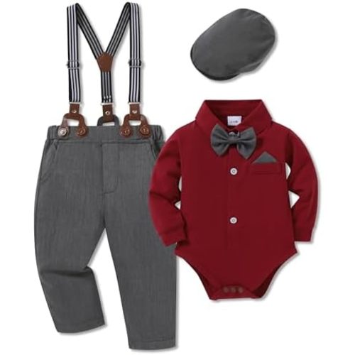WESIDOM Baby Boy Clothes 0-18M Newborn Infant Gentleman Outfit, Shirt+Bowtie+Beret+Suspender Pant Baby boy Suit Clothing Set