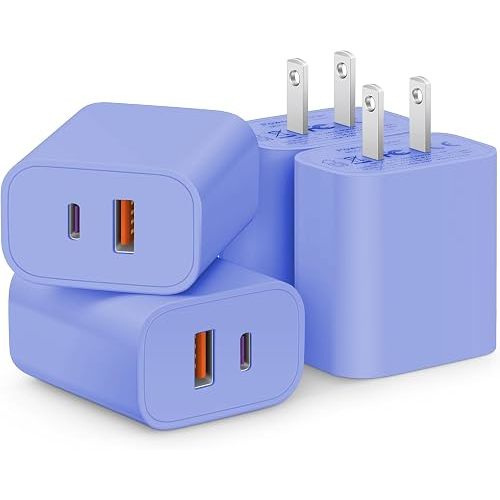 [4 Pack] USB C Charger Block Fast Charging Multiport Adpater [PD 20W USB-C & QC 3.0 USB-A Port] for iPhone 17/16/15/14/13/12/11/X/9, iPad, Galaxy, Google & More [Ultramarine]