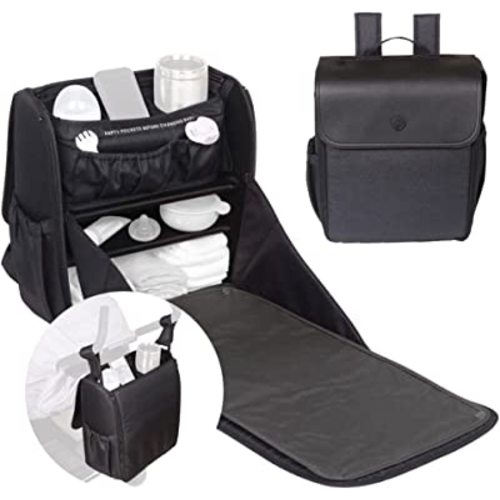 Lulyboo Diaper Bag Convertible Backpack, Full Open Cabinet and Padded Changing Station, Removable Caddy with Two Drink Holders and Angled Cell Phone Storage for Easy Viewing, Black