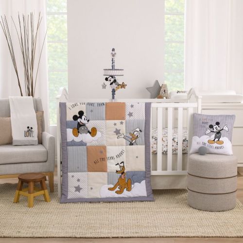 Disney Mickey Mouse Love Mickey Gray, Navy, And Tan Donald Duck And Pluto, Clouds And Stars 3 Piece Nursery Crib Bedding Set
