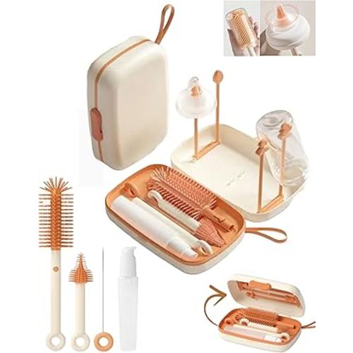 Travel Bottle Cleaner kit, 7in1 Baby Travel Essential Silicone Travel Bottle Brush Set, Nipple, Drying Rack, Straw, & Breast Pump Cleaning, Soap Dispenser & Organizer Case, Gift for Mom (White)