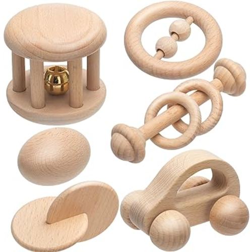 Amazon.com: Montessori Wooden Baby Toy Set - 6 Pieces of Rattles, Push Car and Newborn Toys for Babies 6-12 Months - Wood Toys with Bells for Sensory Development and Early Learning (M1) : Toys & Games