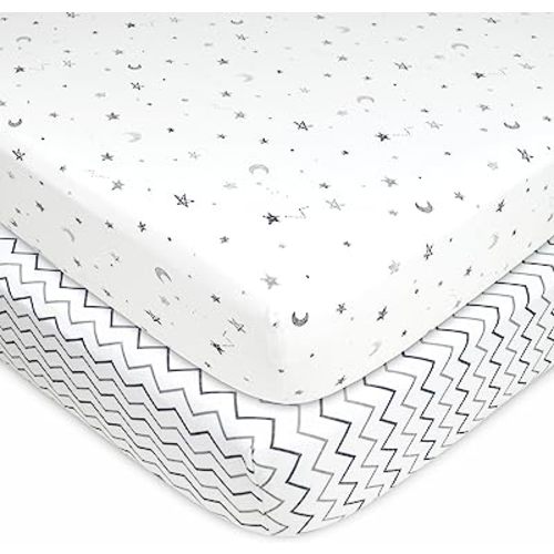 American Baby Company 2 Pack Fitted Pack N Play Playard Sheet 27" x 39", Soft Breathable Neutral 100% Cotton Jersey Pack and Play Sheet, Grey Stars/Zigzag, for Boys and Girls, Fits Most Mini Crib