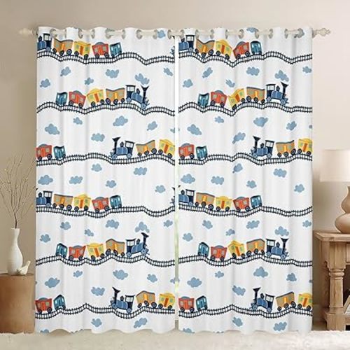 Erosebridal Cute Steam Engine Blackout Curtains Kawaii Train Curtains Construction Vehicles Curtains & Drapes Cartoon Railway Treatments Boys Car Theme Window Drapes, 42Wx63L(2 Panels)